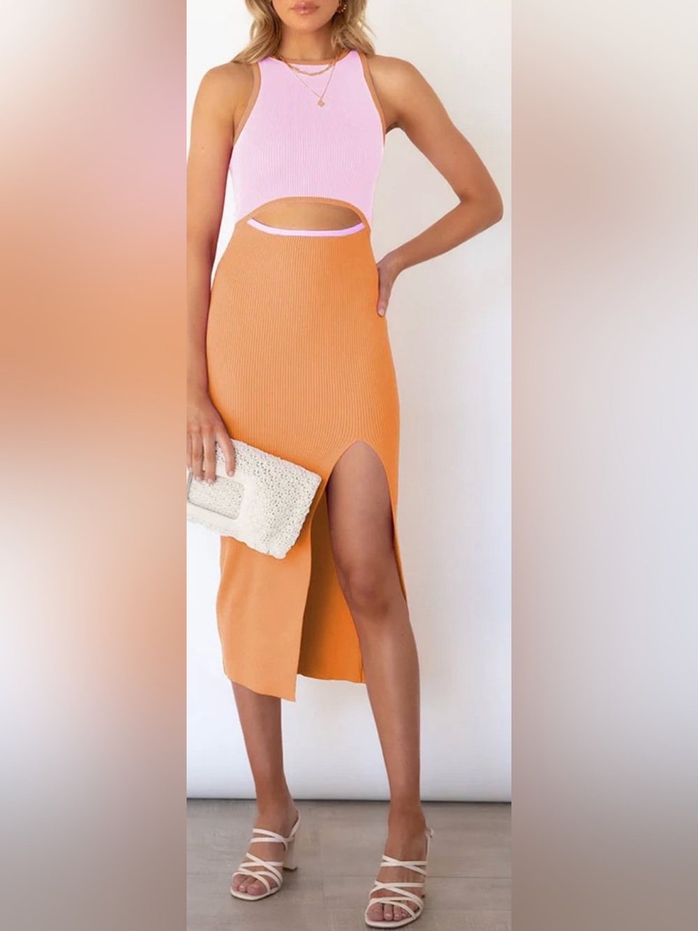Colorblock Cutout Ribbed Midi Dress in Pink & Orange